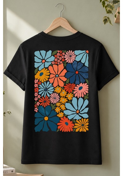Spoyi Colorful Daisy Tasarımlı %100 Pamuk Yarım Oversize Siyah T-shirt