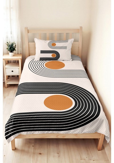 Geometrik Siyah Modern Genç Odası Tek Kişilik Pike Takımı - Hardal 160x220 Cm Kapitone Yatak Örtüsü Hafif Ot Tonu
