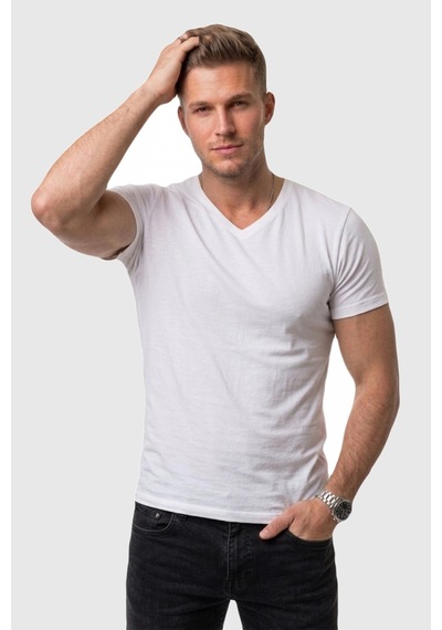 Rizzup Erkek Beyaz Slim Fit %90 Pamuk V Yaka Likralı Yumuşak Dokulu Basic Tişört 1801165
