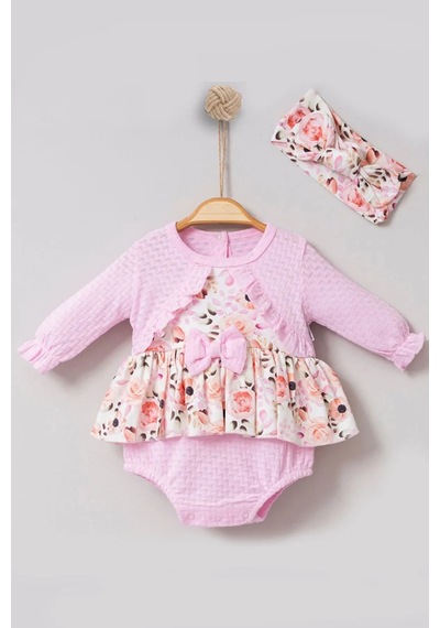 Veraura Lifestyle Bahar Çiçekleri Desenli Bandanalı Kız Bebek Romper Pembe