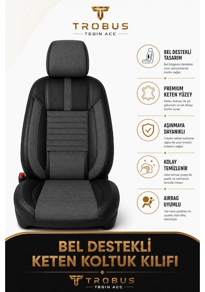 Vw Golf 2003+ Uyumlu Apex Linen Bel Destekli Keten Füme Siyah Koltuk Kılıfı