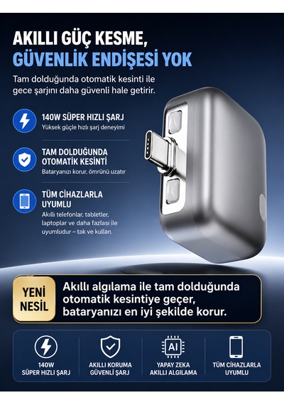 140w Type-c Hızlı Şarj Adaptörü Yapay Zeka Akıllı Şarj Kesme Çift Akım Korumalı Otomatik Kesinti