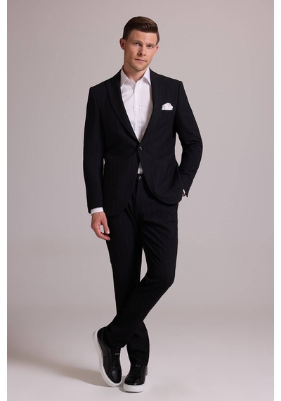 Erkek Siyah Slim Fit Çizgili Tek Düğmeli Jogger Pantolonlu Takım