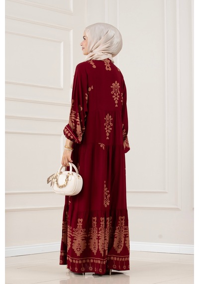 Sevitli Yarım Düğmeli Robalı Nesrin Elbise-bordo-5836