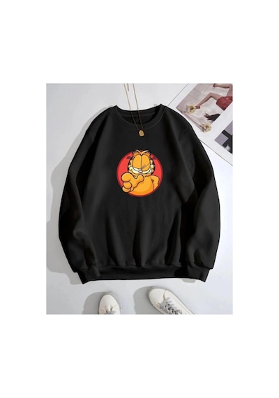 Tarzsokak Siyah Oversize 0 Yaka Kapşonsuz Garfield Baskılı Unisex Pamuklu Sweatshirt