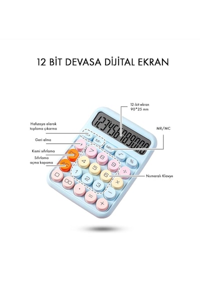 12 Haneli Güneş Enerjili Hesap Makinesi - Açılı Geniş Ekran, Çift Güç Kaynağı Solar Pil Küçük Boy Mavi