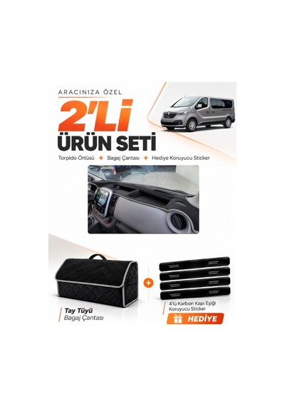 Renault Trafıc Kapaksız 2015-2022 Uyumlu Torpido Örtüsü + Tay Tüyü Bagaj Çantası Seti - Siyah Gri
