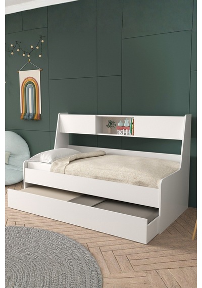 Yavrulu Karyola, Viyole Kapaklı, Kitaplıklı Yavrulu Karyola - 90x200 / Beyaz Yavrulu Karyola, Viyole Kapaklı, Kitaplıklı Yavrulu Karyola - 90x200 / Beyaz
