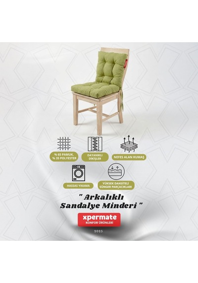 Pofuduk Arkalıklı Sandalye Minderi Bağcıklı Yıkanabilir Dekoratif Minder Yeşil Diğer