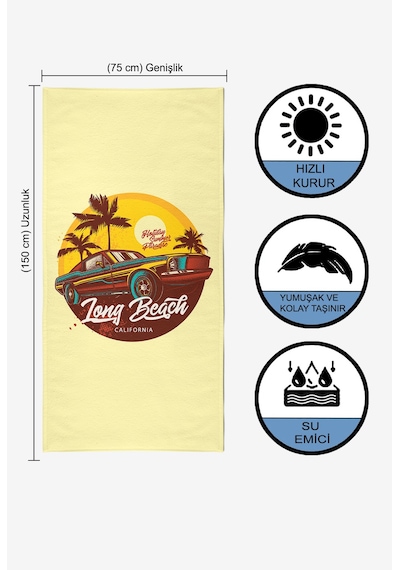 Vevien Tong Beach Car Dijital Baskılı Plaj Havlusu Sarı 75x150 Cm