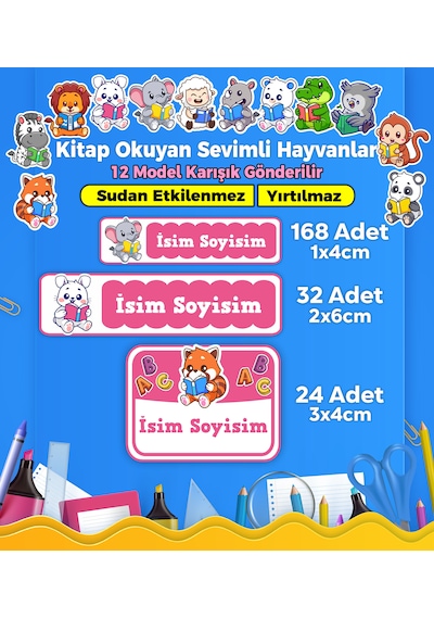 Kitap Okuyan Hayvanlar Temalı Okul Kreş Kişiye Özel İsim Etiket Seti - Model 188 Çok Renkli
