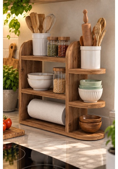 Sulorahome Çam Desenli Mutfak Düzenleyici Raf Ve Kağıt Havlu Askılı Stand Atlantik Çam