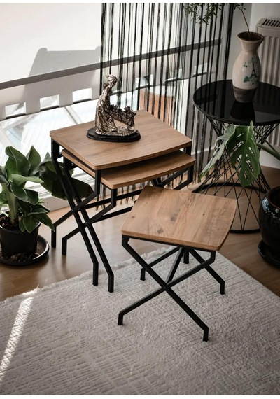 Modern Estetik Minimalist Çok Amaçlı Siyah Metal Ayak 3'lü Doğal Ahşap Zigon Sehpa Siyah