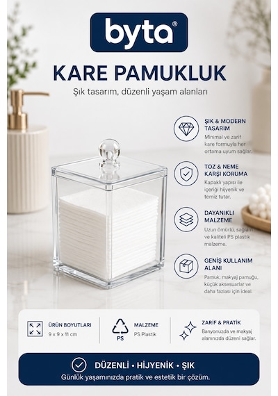 Kristal Kare Pamukluk Kapaklı Şeffaf Makyaj Pamuğu Saklama Kutusu Ve Banyo Organizeri Şeffaf