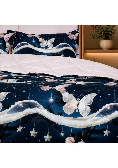 Starlight Butterfly Luxe Çift Kişilik Kelebek Desenli Premium Uyku Seti Çeyiz Seti Lastikli Çarşaflı %100 Pamuk Mavi