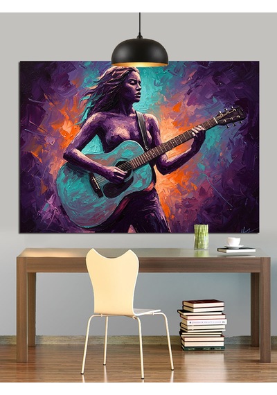 Mor Işıkta Gitar Çalan Kadın Dekoratif Kanvas - Mdf Ahşap Tablo