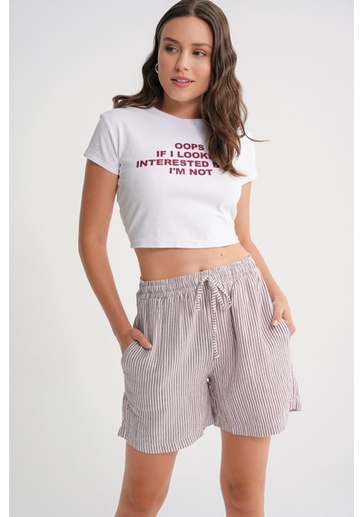 Mixray 4728 Kadın Beli Lastikli Çizgili Müslin Şort Bordo