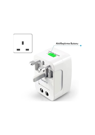 Coverzone Akım Korumalı Universal Fiş Çoklu Priz Cv640 Priz Çevirici Dönüştürücü Kompakt Tasarım Amerikan Fişi, İngiliz, Türkiye 125v - 250v 13a Beyaz