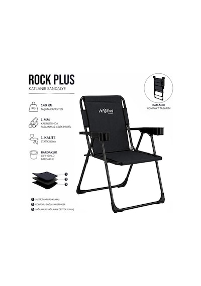 Katlanır Piknik Ve Kamp Sandalyesi - Bardaklıklı - Rock Plus - Linen Siyah Çok Renkli