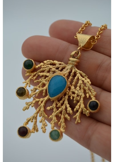 Stoneagejewellery Stoneage Altın Kaplama Bayan Kolye Turkuaz Ve Yeşim Taşlı Altın