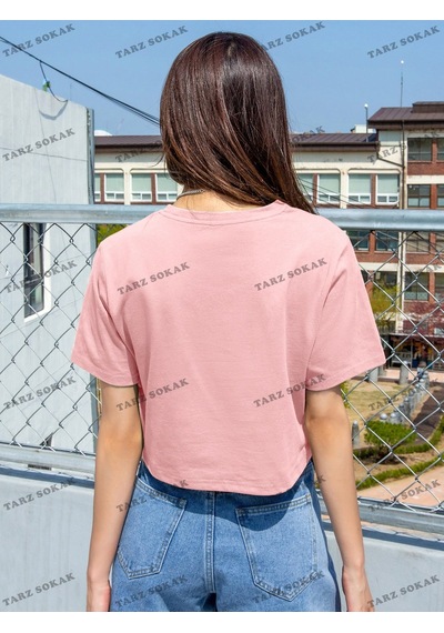 Flood Of Style Crop Ckod-232913 Dazy Sloganlı Grafik Kısa Pembe