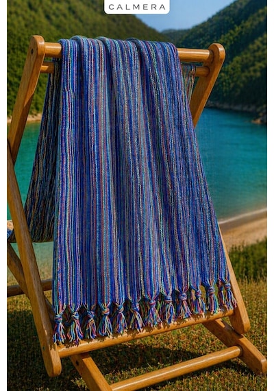Calmera Etnika Peştemal İnce - Renkli Saçaklı Plaj Pareo, Deniz, Havuz, Yoga, Kamp, Pilates Havlusu - Lacivert