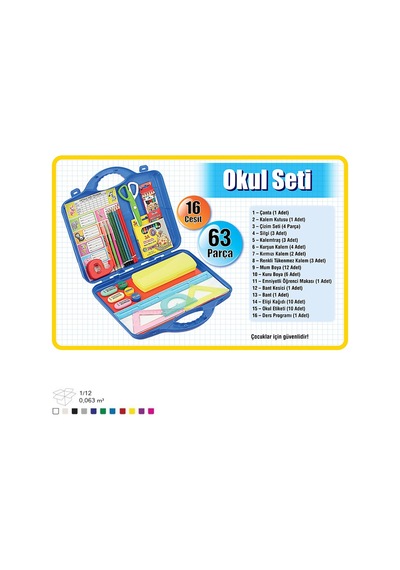 Kapsamlı Okul Seti 16 Çeşit 63 Parça Çantalı Kırtasiye Seti