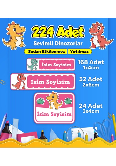 Sevimli Dinozor Temalı Okul Kreş Kişiye Özel İsim Etiket Seti - Model 140 Çok Renkli