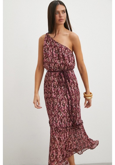 Uterpe One Shoulder Floral Print Maxi Dress Mürdüm