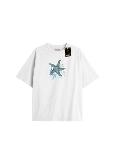 Flood Of Style Beyaz Oversize T-shirt Mavi Yıldız Özel Tasarım