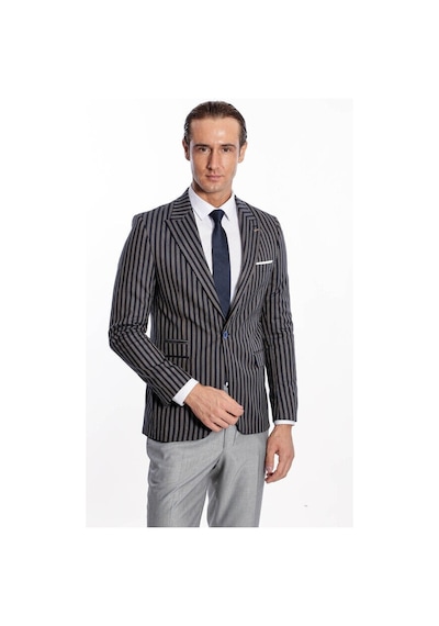 Wessi Çizgili Koyu Slim Fit Lacivert Erkek Ceket Siyah