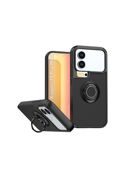Xiaomi 17 Pro Max Uyumlu Kılıf Yüzüklü Standlı Extra Darbe Koruma Sert Silikon Kapak - Siyah Siyah