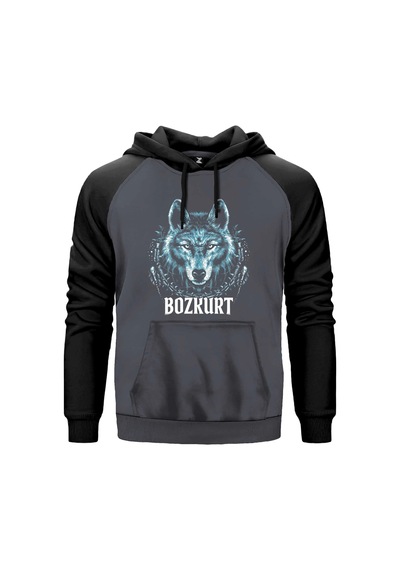 Buz Mavisi Bozkurt Başı Yazılı Baskılı Gri Renk Reglan Kol Sweatshirt Kapşonlu