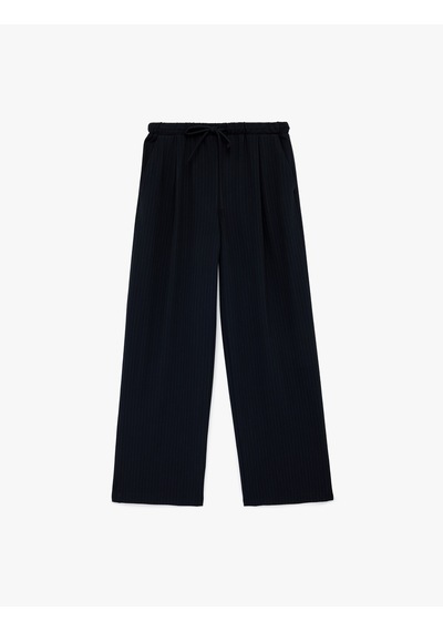 Koton Beli Bağlamalı Cepli Çizgili Uzun Düz Geniş Paça Pantolon Lacivert Çizgili 6sak40057ew 7s2