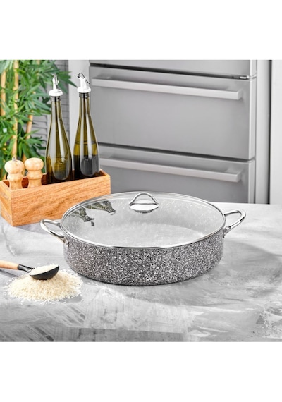 Taç Ultra Granit Basık Tencere Metal Saplı 36 Cm Açık Gri
