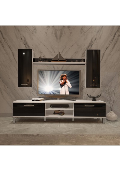 Decoraktiv Eko 5d Mdf Dvd Krom Ayaklı Tv Ünitesi Tv Sehpası Beyaz - Siyah