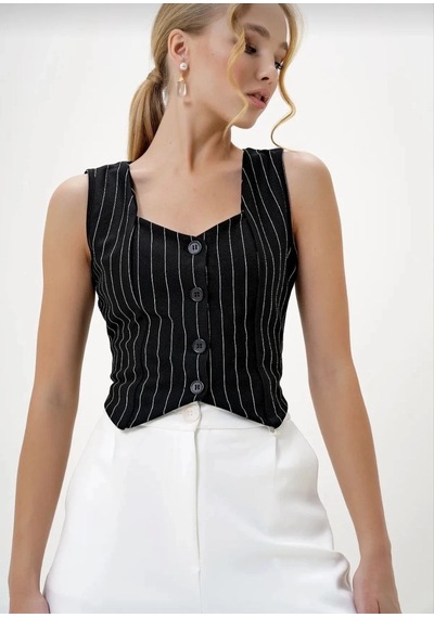 Defymoda Çizgili Krep Düğmeli Yelek Siyah S3395 Siyah