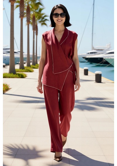 Benerly Kadın Büyük Beden Kolsuz Kruvaze Yaka Oversize Bluz Pantolon Takı Bordo