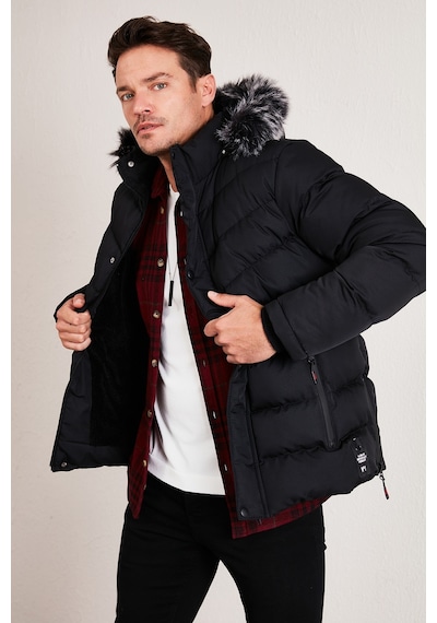 Buratti Slim Fit Suni Kürklü Peluş Astarlı Çıkarılabilir Kapüşonlu Şişme Erkek Mont 5761080 B Siyah