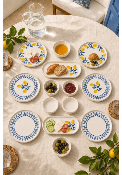 Mavi Limon 14 Parça 6 Kişilik Handmade Stackable Seramik Tabak Seti Premium Sunum & Kahvaltı Takımı Beyaz