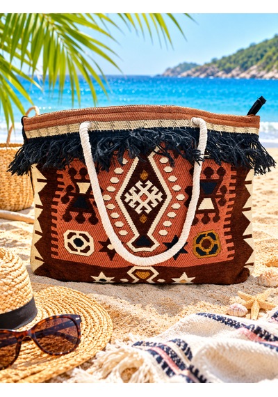 Etnik Desenli Kilim Omuz Ve Plaj Çantası 50x30 Cm Açık Kahverengi