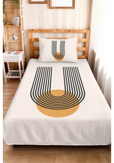 Hardal Geometrik Modern Genç Odası Tek Kişilik Pike Takımı - Siyah 160x220 Cm Kapitone Yatak Örtüsü Keten Doku Gölgesi