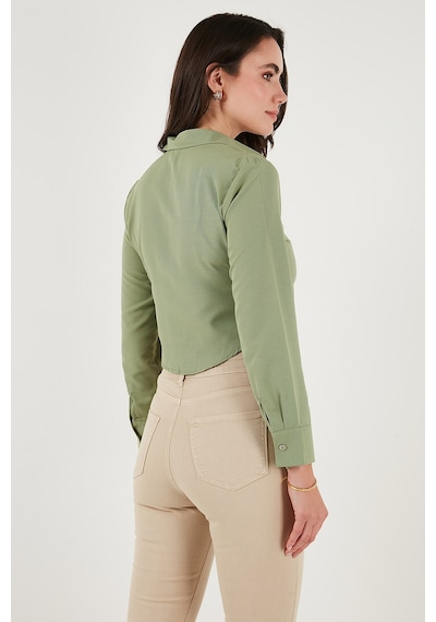 Lela Pamuk Karışımlı Slim Fit Uzun Kollu Crop Bayan Gömlek 6777336 Haki