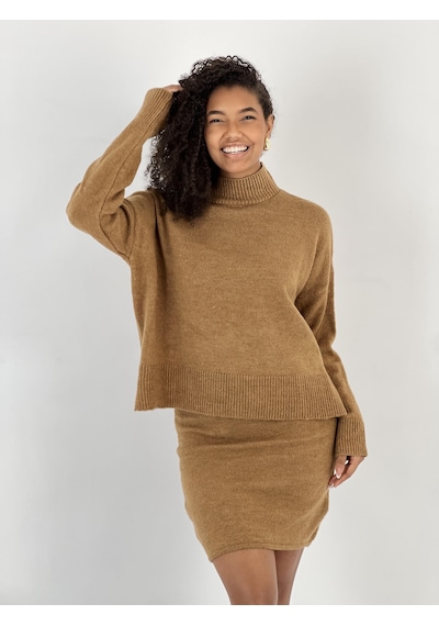 Miss Poem Düşük Omuz Boğazlı Kazak Mini Etek Camel Takım Camel