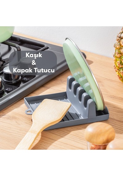 Org-85 Kaşık Ve Kapak Tutucu - Kapak Standı Kaşık Kepçe Altlığı Düzenleyici Organizer - Antrasit Antik Beyaz