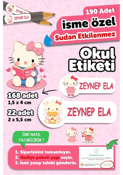 Okul Etiketi Kalem Defter İsimli Etiket Isim Yazılabilen Hello Kety - 190 Adet Özel Tasarım Çok Renkli