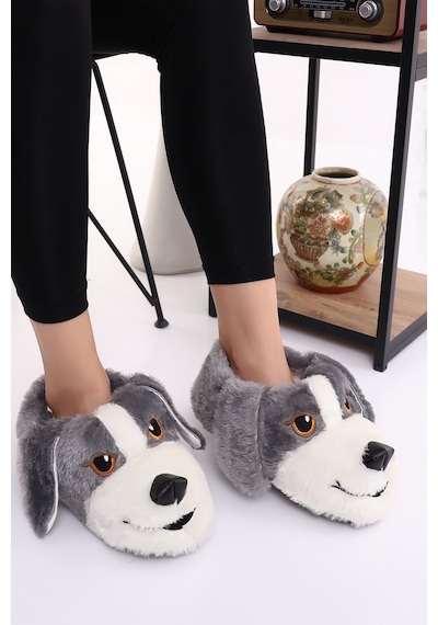 Wordex Hayvanlı H10 Köpekli Kışlık Kadın Erkek Çocuk Panduf Ev Içi Sessiz Taban Panduf Gri