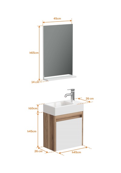 Aqua Bagno Minizia Banyo Dolabı 45 X 26 Cm. Doğal Ceviz -beyaz ,lavabo Dahil Abs.50.35.06.01 Ceviz - Beyaz