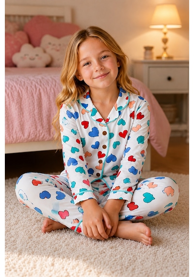 Beniizle Kız Çocuk Kalp Desenli Uzun Kollu Pijama Takımı Düğmeli Üst Alt 2 Li Ev Giyim Seti Beyaz Beniizle Kız Çocuk Kalp Desenli Uzun Kollu Pijama Takımı Düğmeli Üst Alt 2 Li Ev Giyim Seti Beyaz