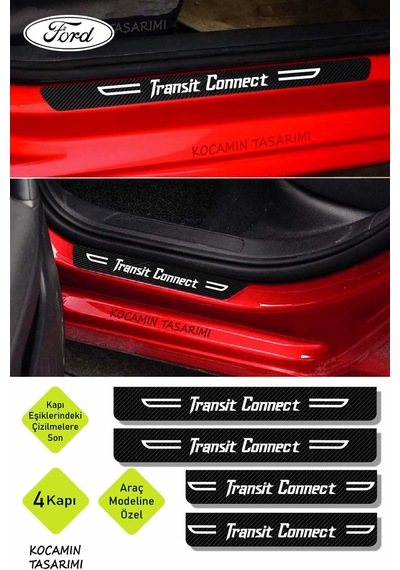 Transit Connect Yazılı Dekoratif Karbon Kapı Koruma Ford Transit Connect İçin Siyah Beyaz Yazılı 4 Parça Kaplama Ford Transit Connect